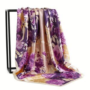 35.43x35.43inch Purple Floral Print Square Scarf - Lightweight NEW